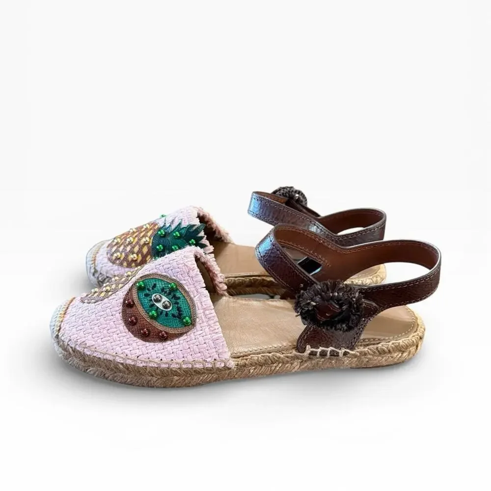 Dolce & Gabbana Pineapple Kiwi Patch Raffia Espadrille Sandals EU 39 US 9